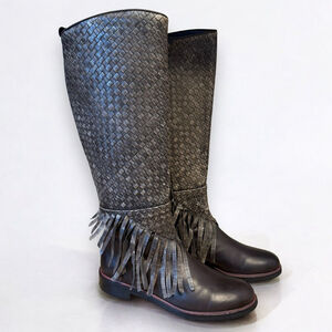 Pons Quintana Tall Boots Braided Leather Fringe Detail Gray Metal 41.5 11.5 US